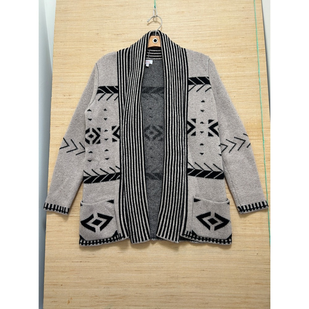 Pixley Womens XS Tan Black Geometric‎ Tribal Open Front Shawl Cardigan Sweater